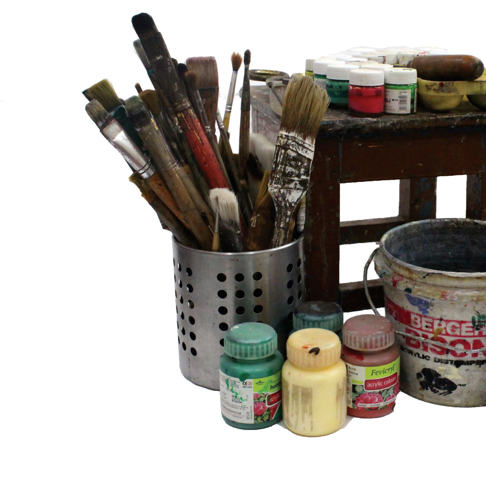 Brushes, paints and the studio stool